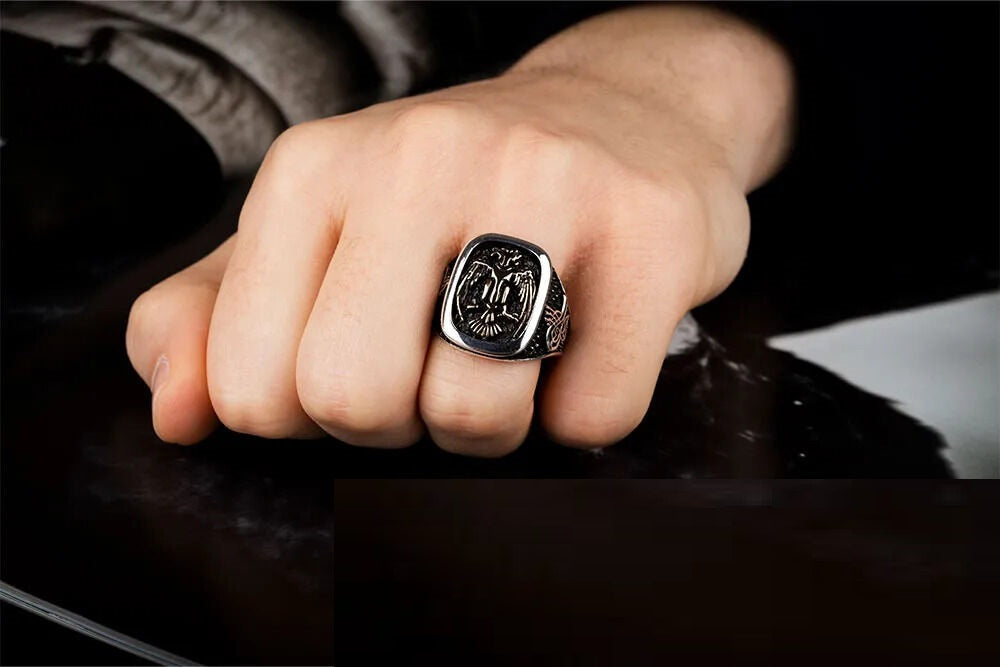 Double Headed Eagle Rectangle Ring With Tughra Sides