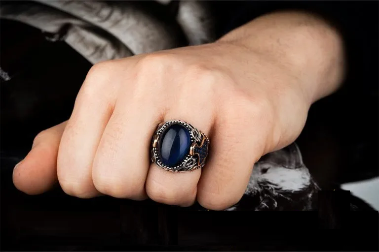Blue Tiger’s Eye Oval Zircon Detailed Ring
