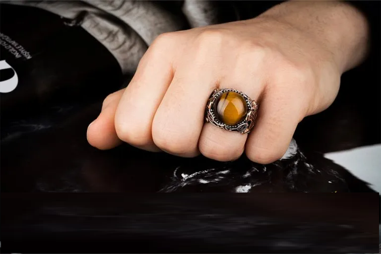 Brown Tiger’s Eye Round Zircon Detailed Ring