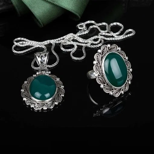Green Aqeeq Filigree Silver Women Set