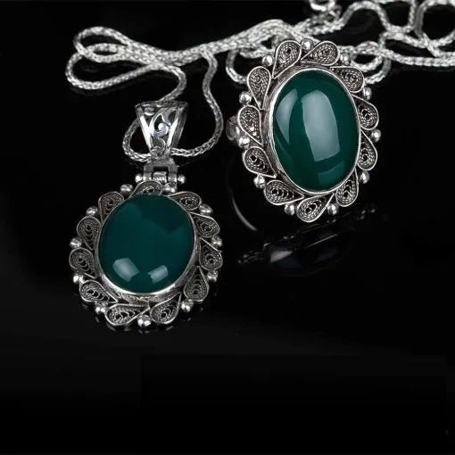 Green Aqeeq Filigree Silver Women Set