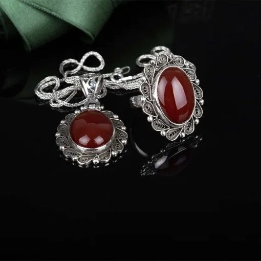 Red Yemeni Aqeeq Filigree Silver Women Set