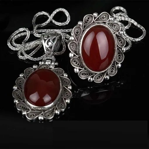 Red Yemeni Aqeeq Filigree Silver Women Set