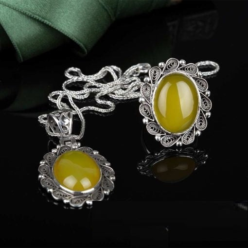 Yellow Aqeeq Filigree Silver Women Set