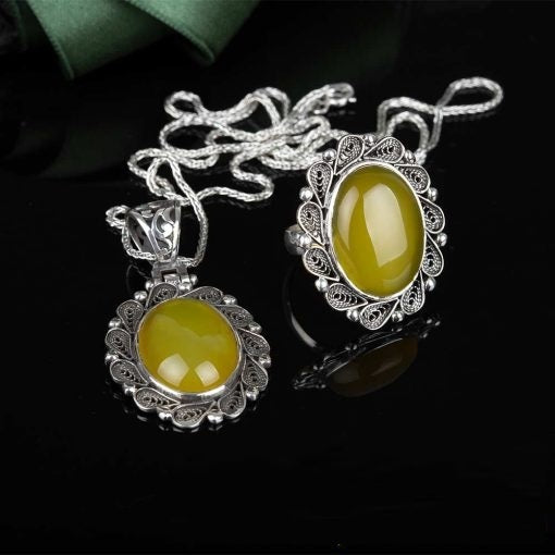 Yellow Aqeeq Filigree Silver Women Set
