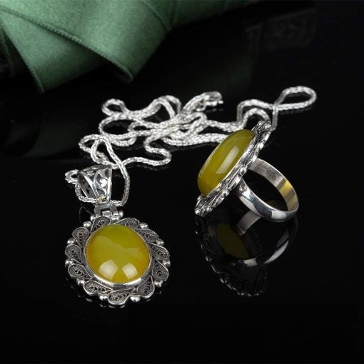 Yellow Aqeeq Filigree Silver Women Set