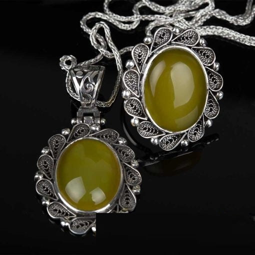 Yellow Aqeeq Filigree Silver Women Set