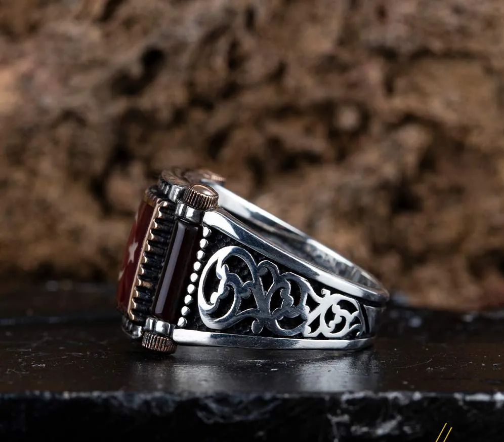 Crescent Star Red Mina Rectangle Cut Silver Ring No1