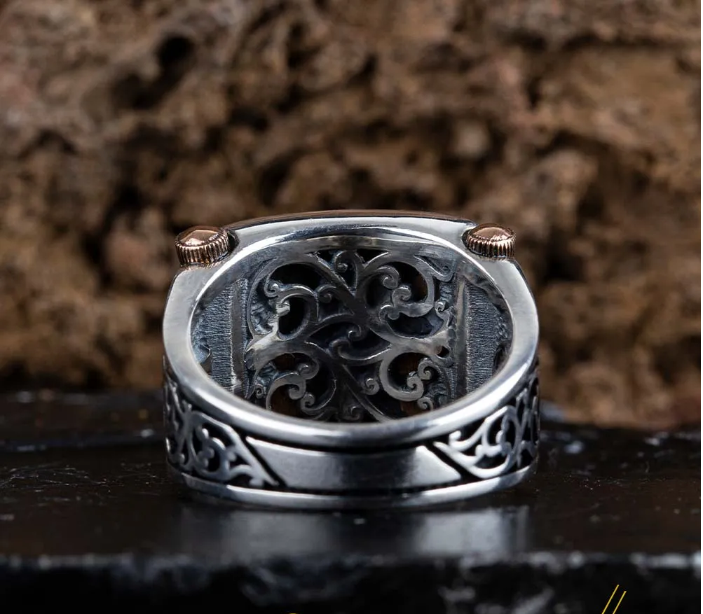 Crescent Star Red Mina Rectangle Cut Silver Ring No1