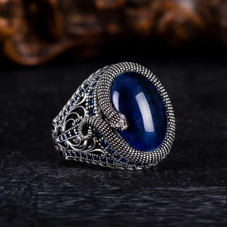 Blue Tiger’s Eye Zircon Detailed Ring With Snake Figure