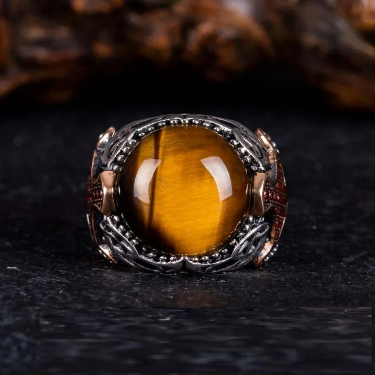 Brown Tiger’s Eye Round Zircon Detailed Ring