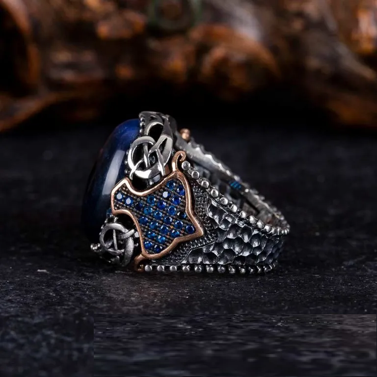 Blue Tiger’s Eye Oval Zircon Detailed Ring