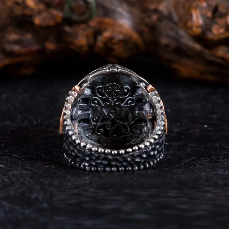 Blue Tiger’s Eye Oval Zircon Detailed Ring