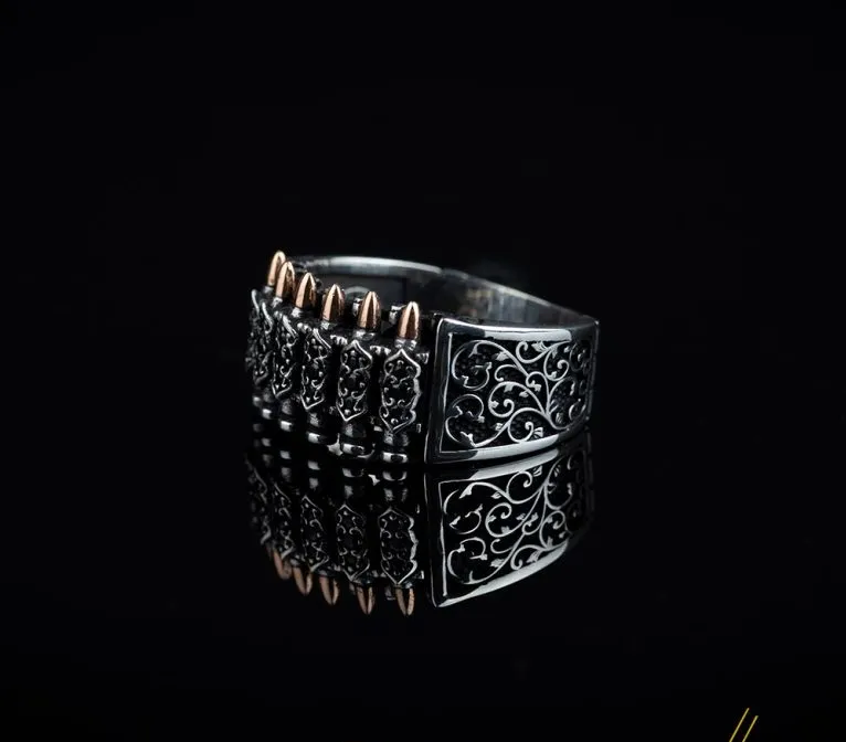 Bullets Black Zircon Pieces Silver Band Ring