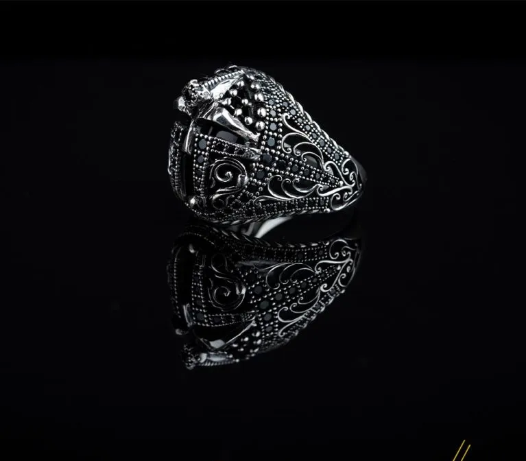 Warrior Helmet Black Zircon Pieces Exclusive Silver Ring
