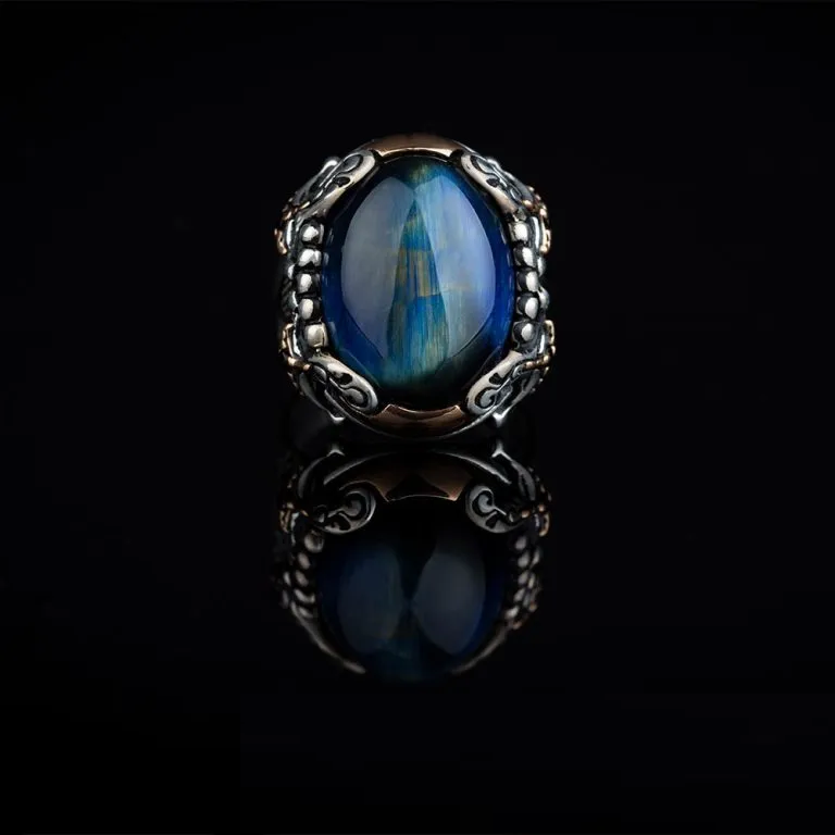 Blue Tiger’s Eye Crossed Sword Band Silver Ring