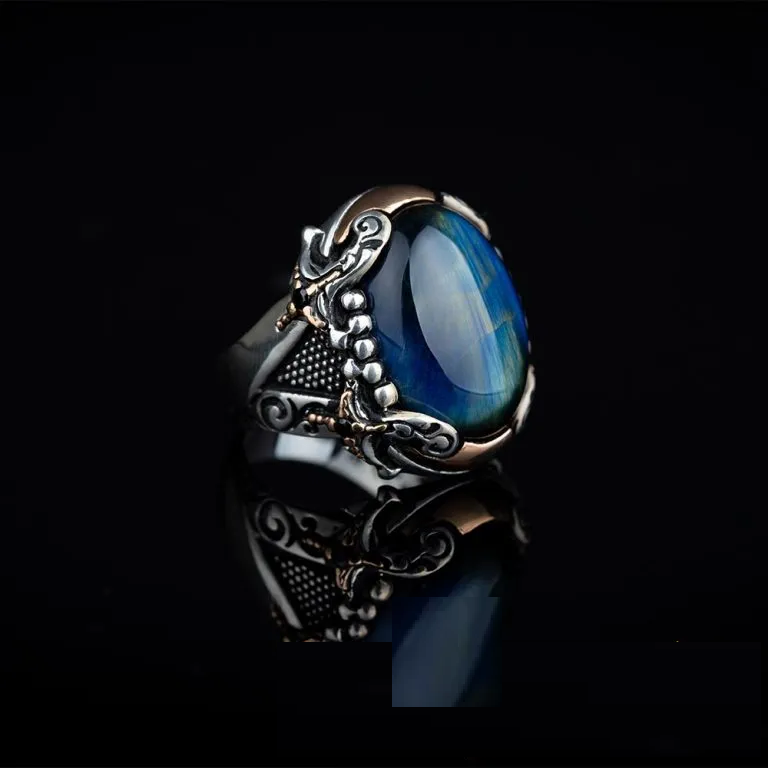 Blue Tiger’s Eye Crossed Sword Band Silver Ring