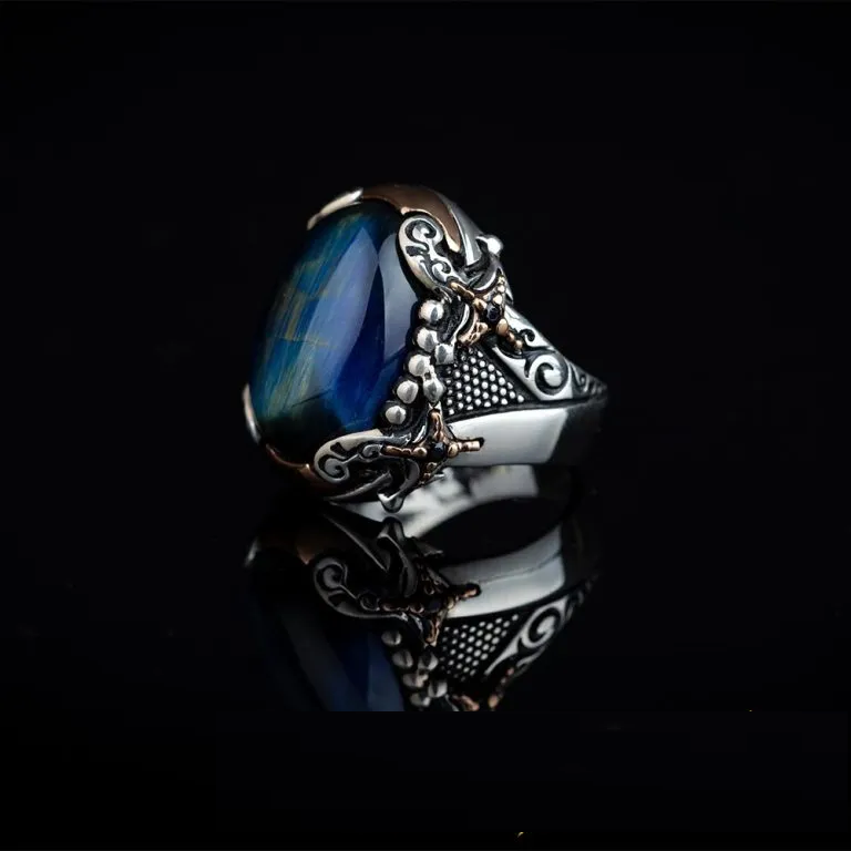 Blue Tiger’s Eye Crossed Sword Band Silver Ring