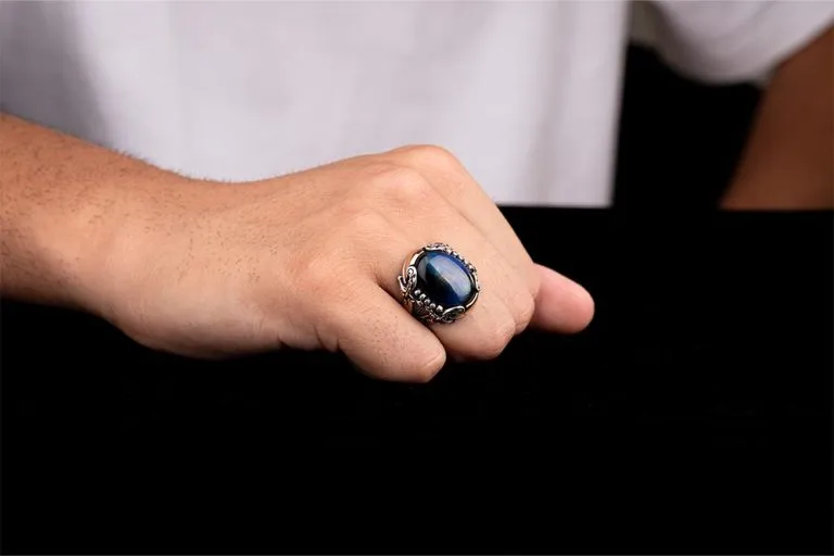Blue Tiger’s Eye Crossed Sword Band Silver Ring