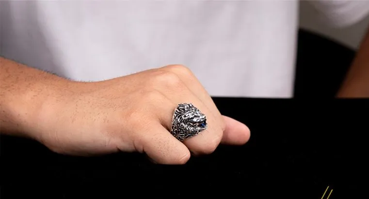 Roaring Lion Head Figure Blue Zircon Pieces Ring
