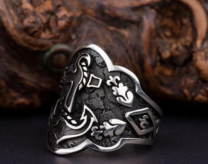 Adjustable Silver Thumb Ring With Anchor Figure