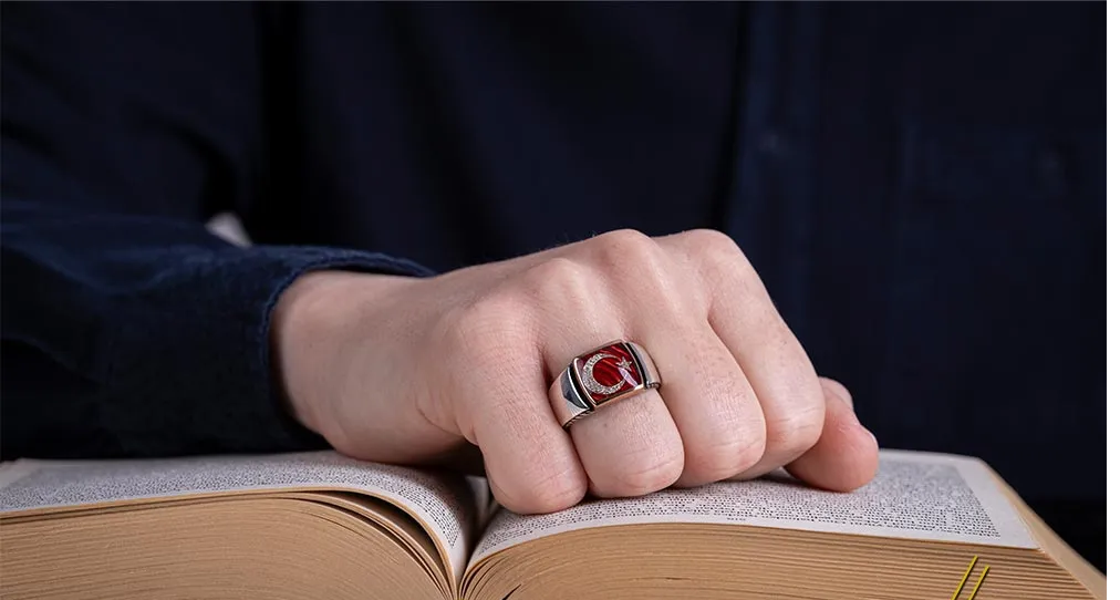 Crescent Star Red Enamel Silver Ring