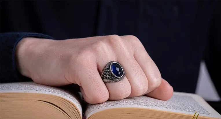 Micro Detailed Faceted Cut Blue Zircon Silver Ring