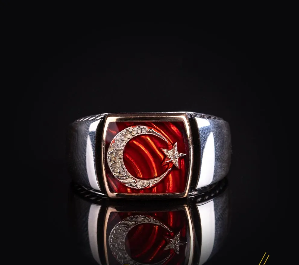 Crescent Star Red Enamel Silver Ring
