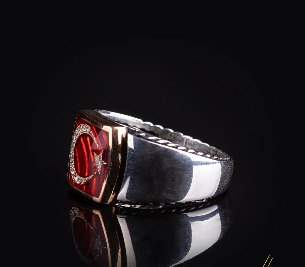 Crescent Star Red Enamel Silver Ring