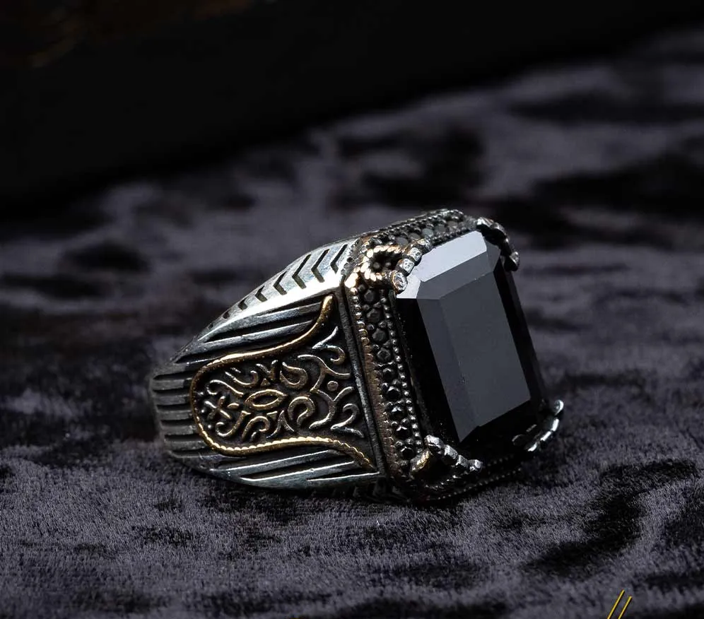 Black Zircon Octagon Cut Silver Men Ring