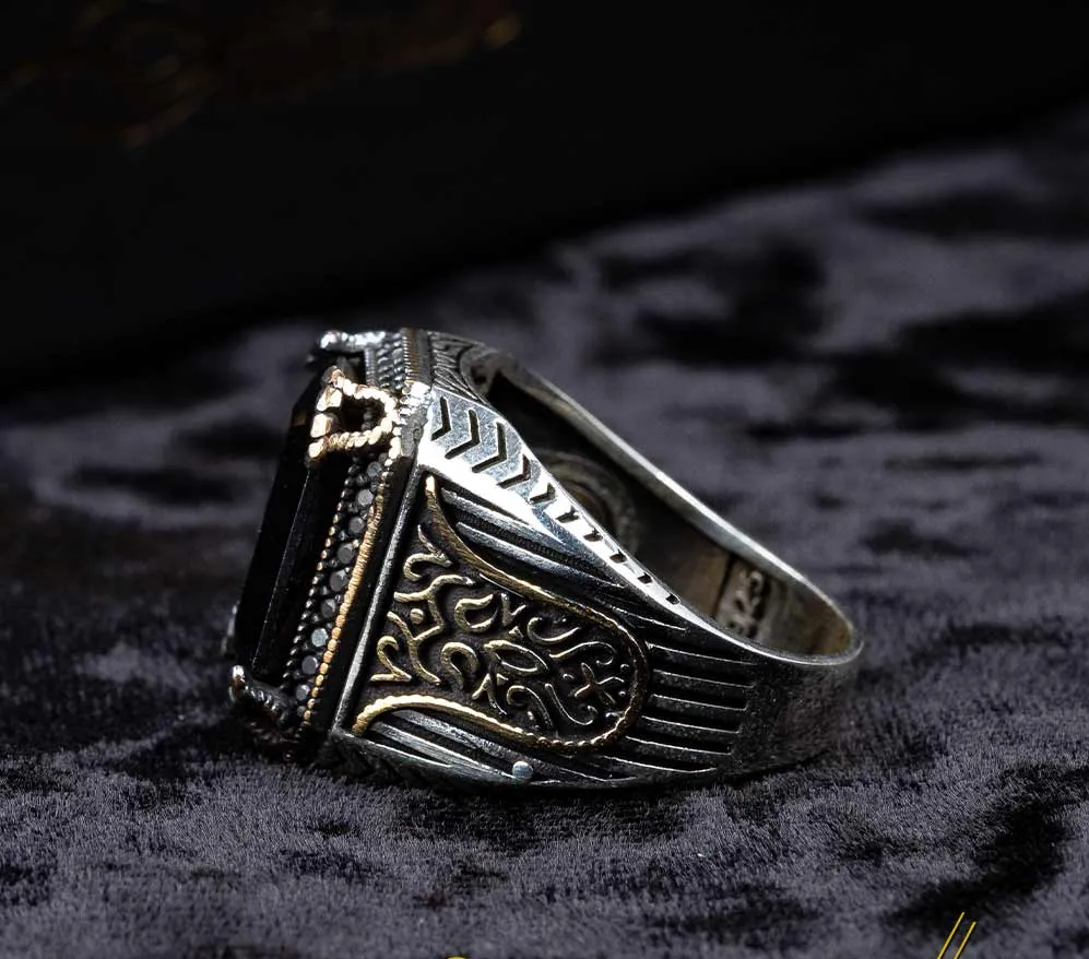 Black Zircon Octagon Cut Silver Men Ring