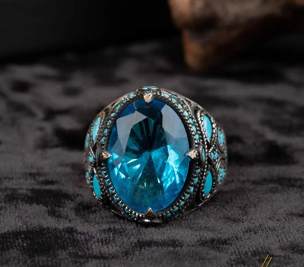 Blue Zircon Men Ring With Turquoise Stones