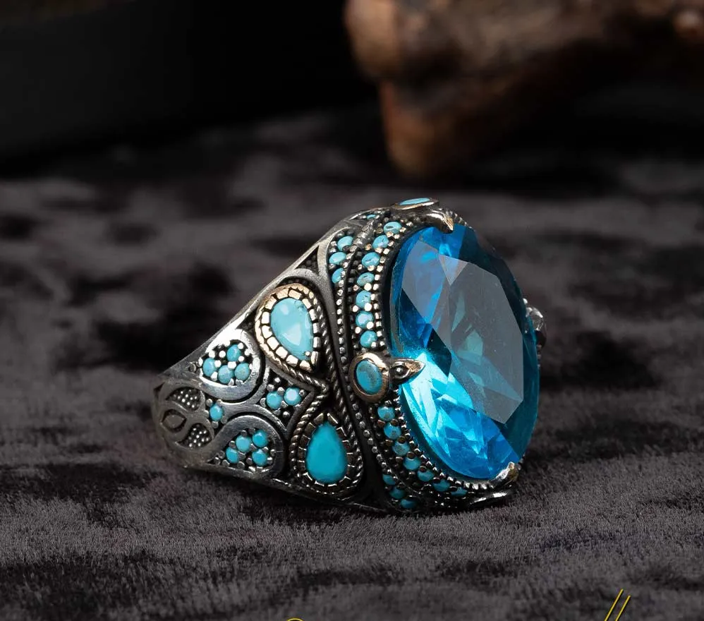 Blue Zircon Men Ring With Turquoise Stones