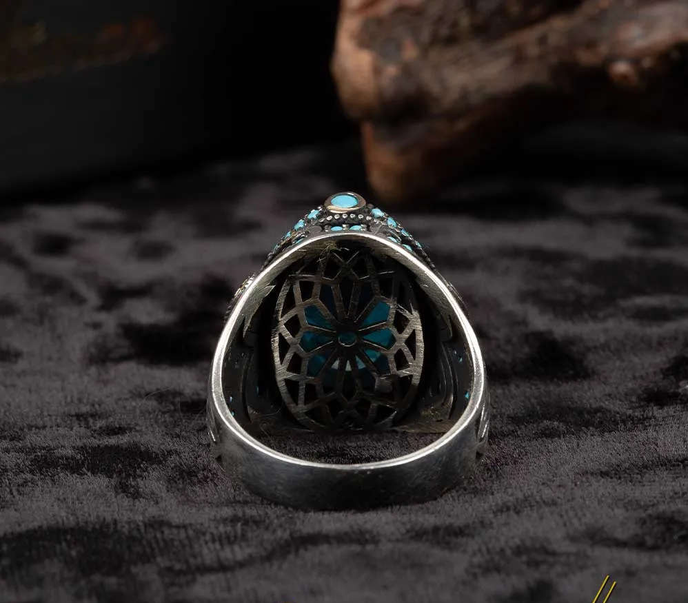 Blue Zircon Men Ring With Turquoise Stones