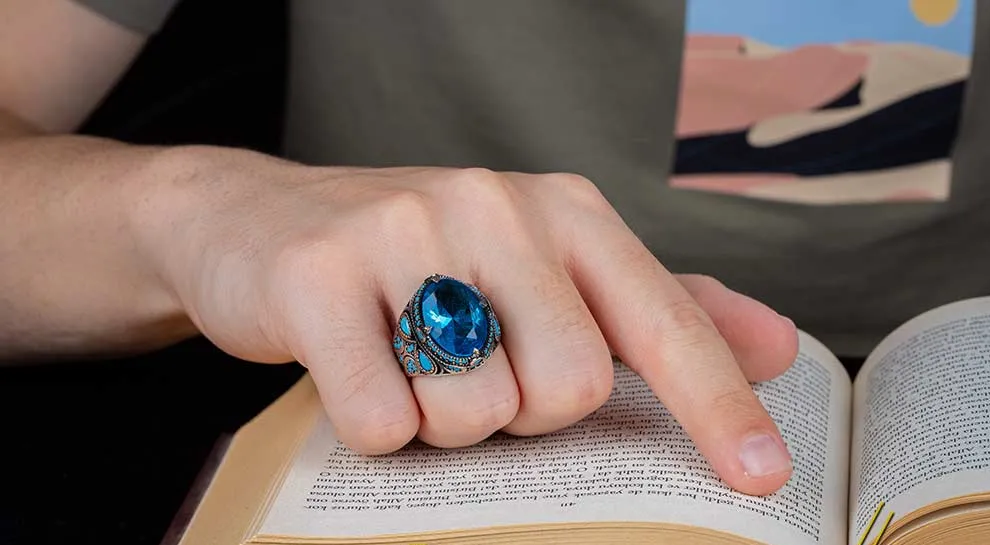 Blue Zircon Men Ring With Turquoise Stones
