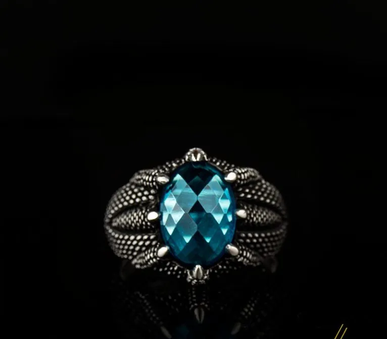 Claw Of Falcon Aqua Blue Zircon Silver Ring