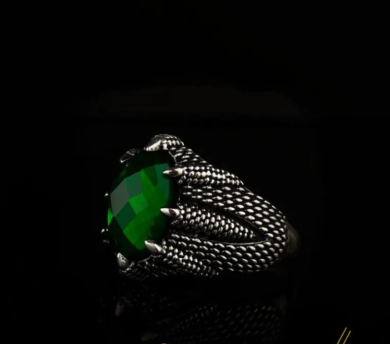Claw Of Falcon Green Zircon Silver Ring