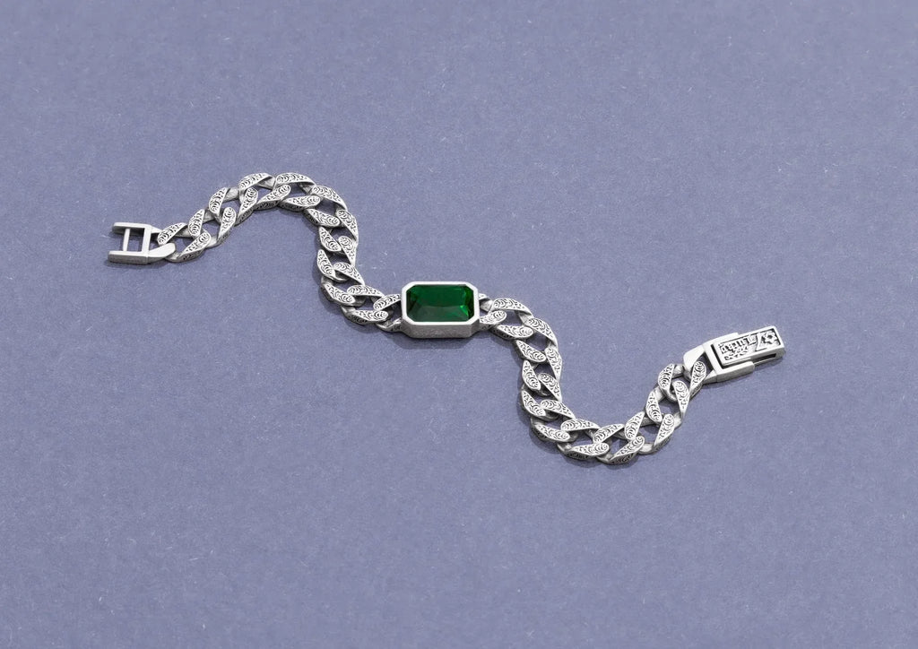 Green Stone Cuban Men Bracelet