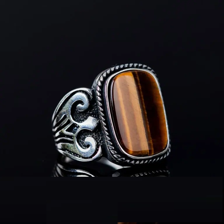 Brown Tiger’s Eye Rectangle Spear Silver Ring