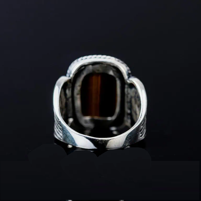 Brown Tiger’s Eye Rectangle Spear Silver Ring