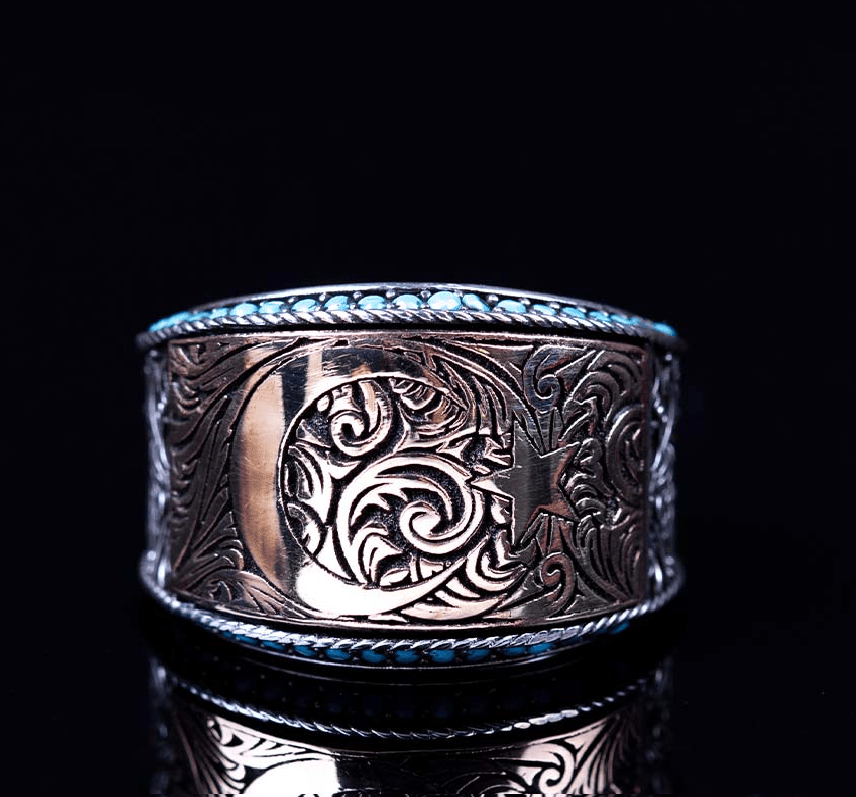 Bronze Crescent Star Micro Turquoise Detailed Silver Ring