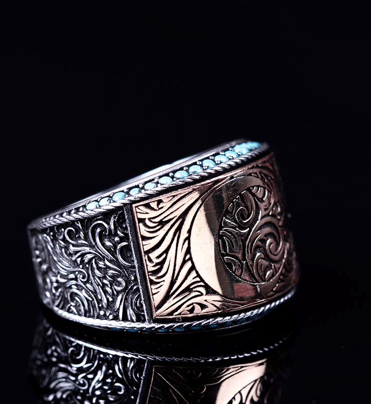 Bronze Crescent Star Micro Turquoise Detailed Silver Ring