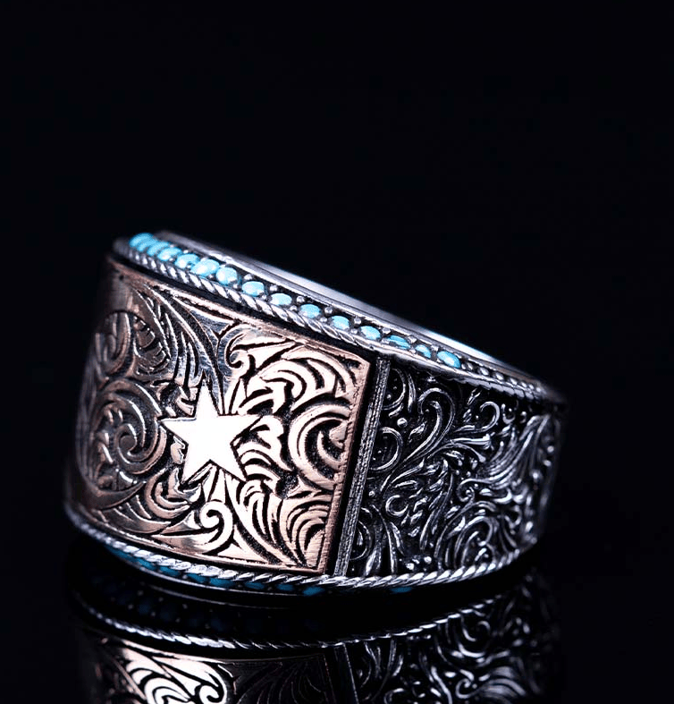 Bronze Crescent Star Micro Turquoise Detailed Silver Ring