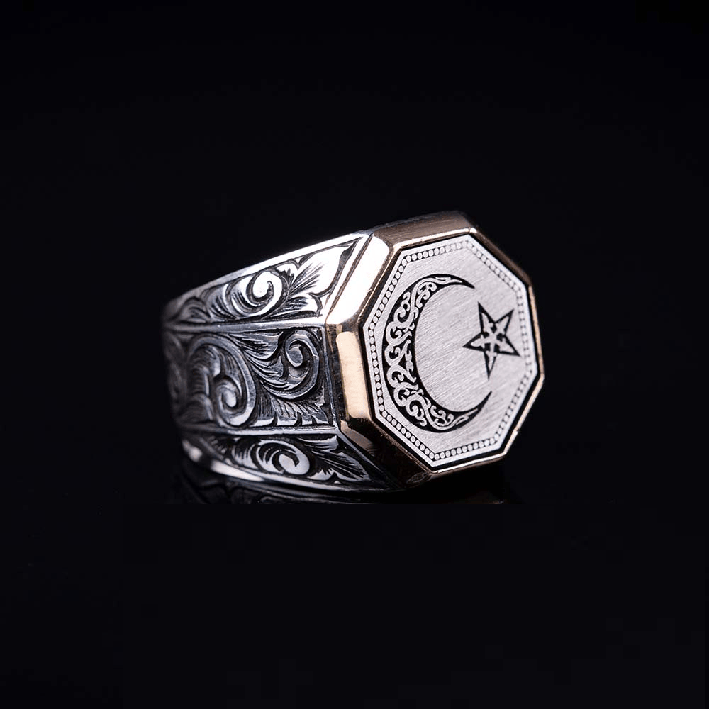 Crescent Star Hand Engraved Exclusive Silver Ring