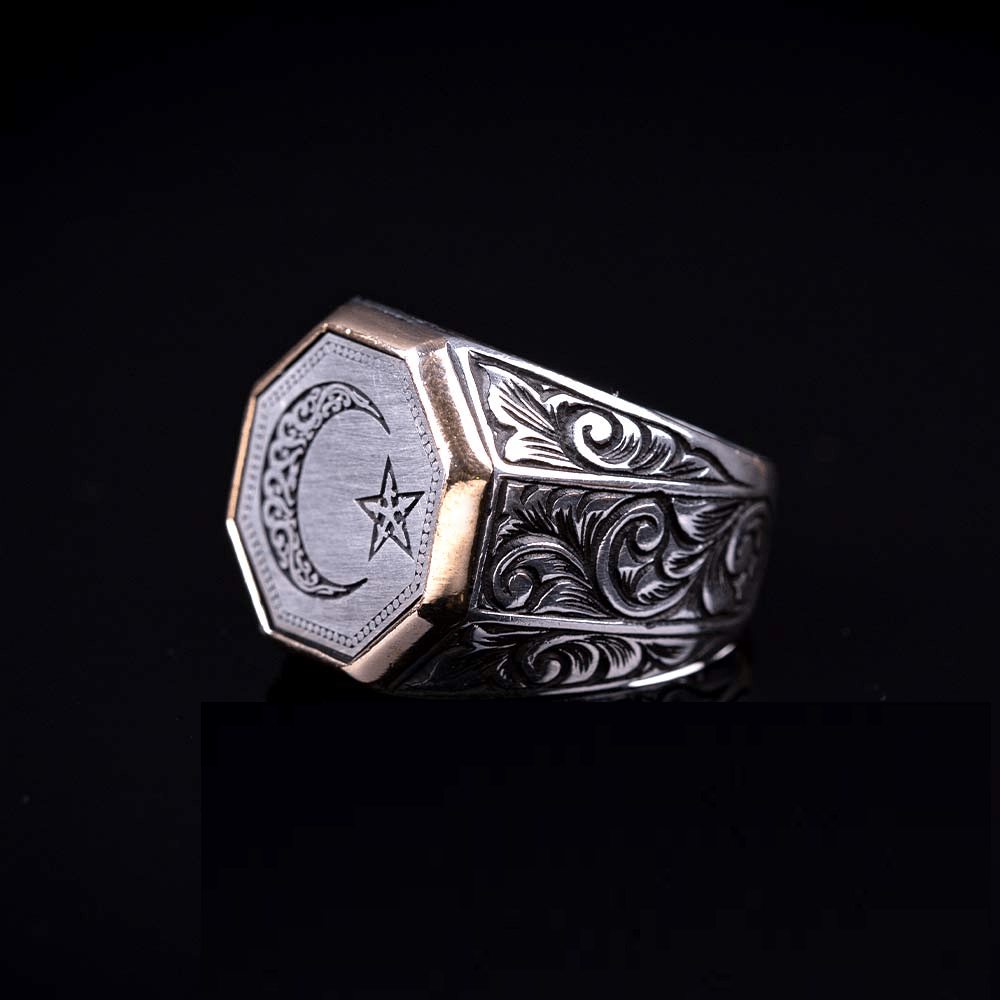 Crescent Star Hand Engraved Exclusive Silver Ring
