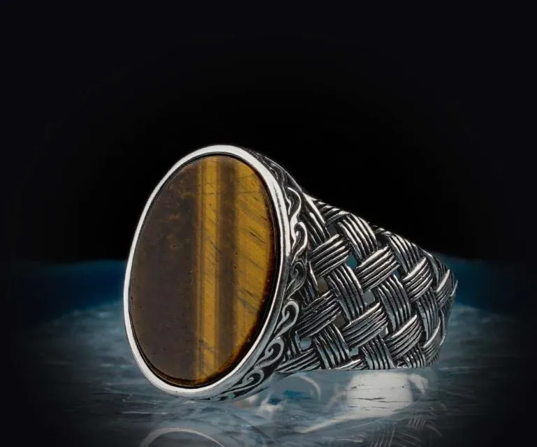 Oval Tiger’s Eye Knitted Silver Men Ring