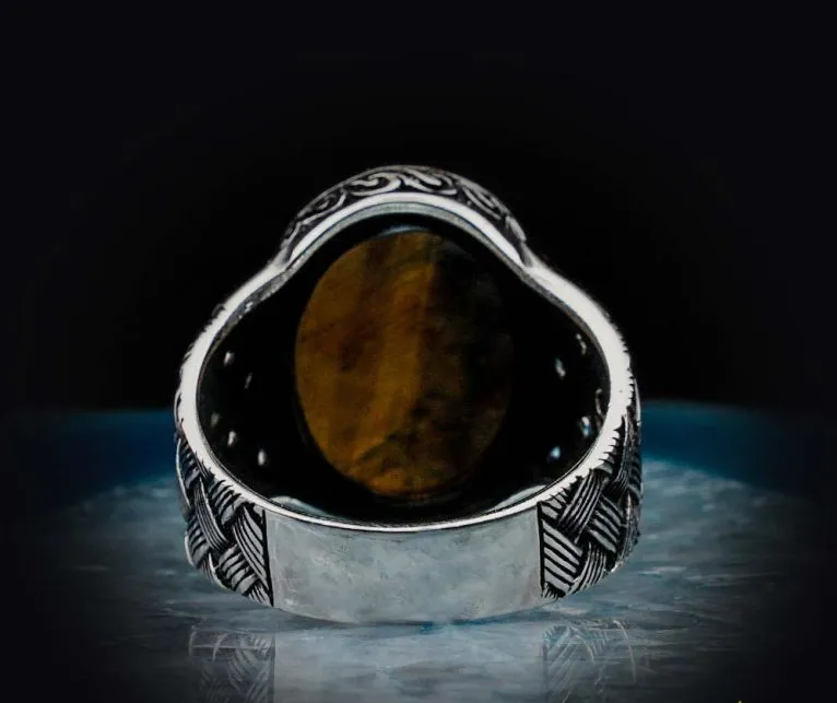 Oval Tiger’s Eye Knitted Silver Men Ring