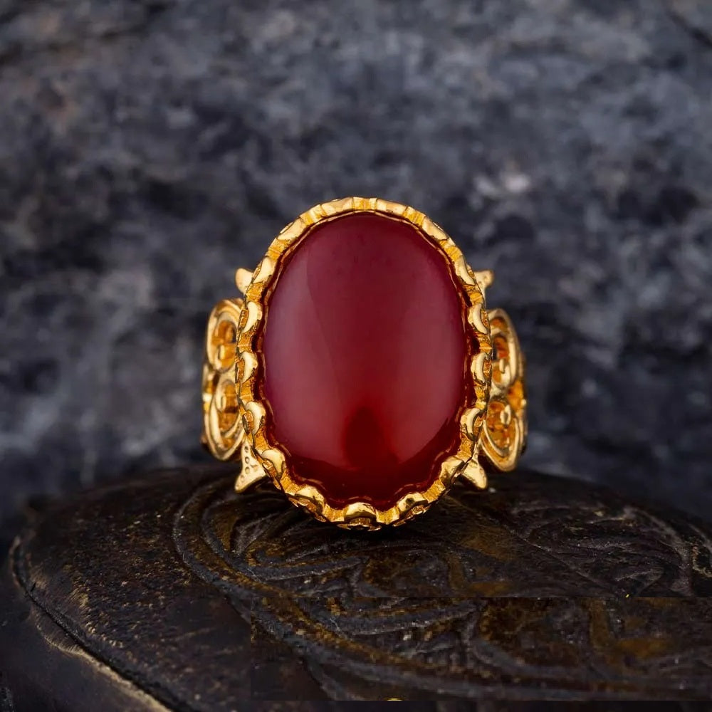 Red Yemeni Aqeeq D Shape Handcraft Women Ring