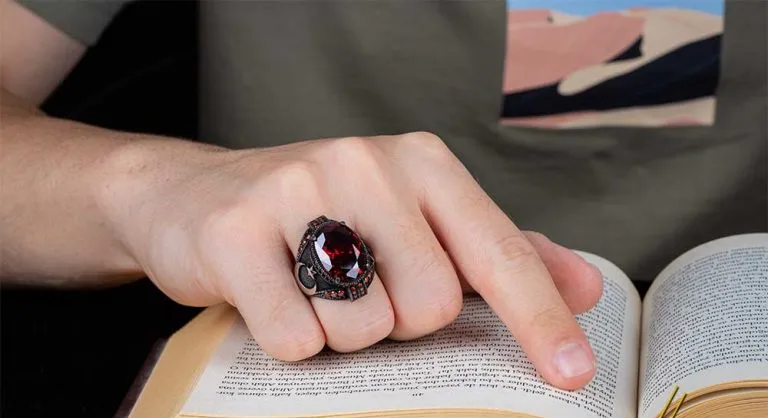 Red Zircon Men Ring With Crescent Star