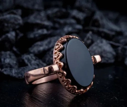 Black Aqeeq Hand Made Simple Women Ring (Rose Gold Plated)